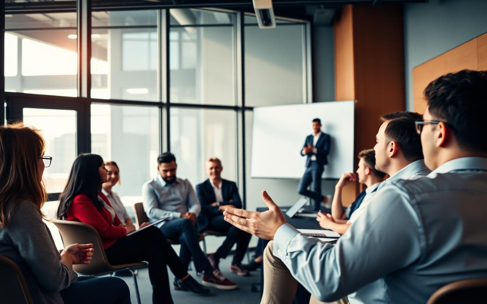 Facilitador impartiendo una capacitación corporativa a un equipo comercial